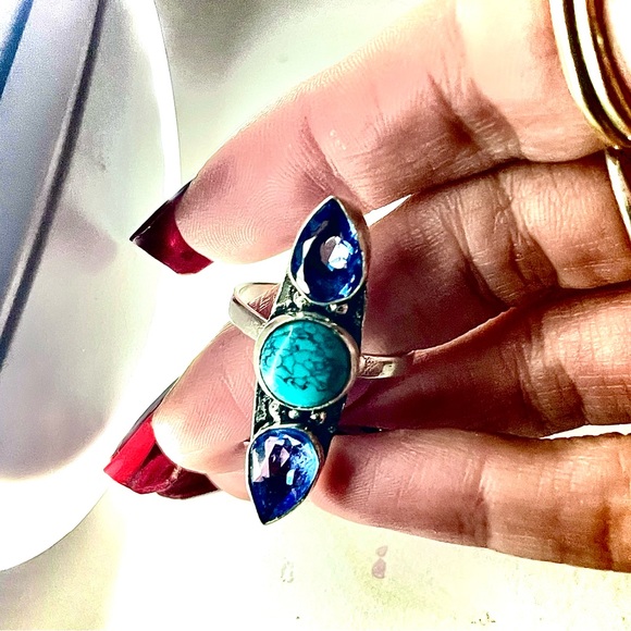 New 925 Sterling Silver Blue Imperial Topaz Turquoise Artisten 3 Tier Ring - Picture 15 of 16